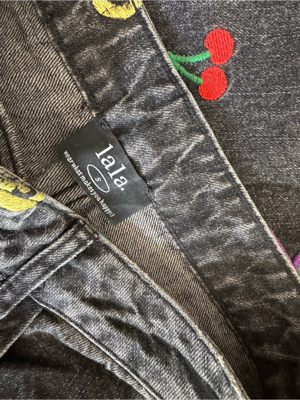 Dressed in LALA Black Wide Leg Jeans with Red, Green, Yellow Embroidery - Picture 4 of 10